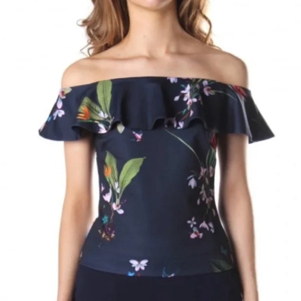Ted Baker London Imygen Navy Floral off the shoulder top, size 2 (TB size) US 6